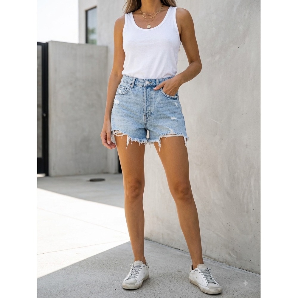 HM High Waisted Distressed Denim Shorts Light Wash Frayed Hem Size 4